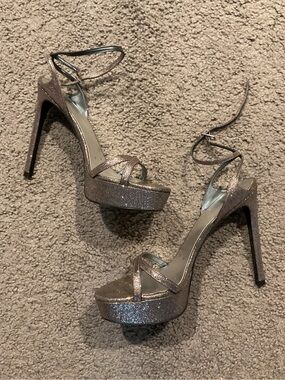 NEW Stuart Weitzman Glitter Platform Strappy Heels Shoes Bling Party Prom sz 9